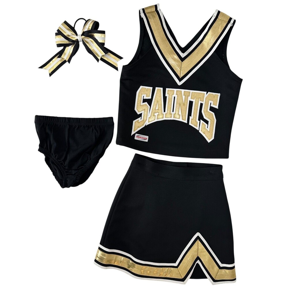SAINTS Football Cheerleader Uniform Set Youth XS Skirt Top Bow Teamleader LOT